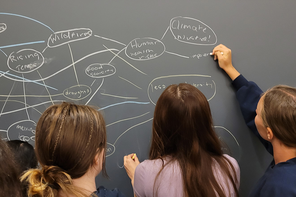 three students write on chalkboard